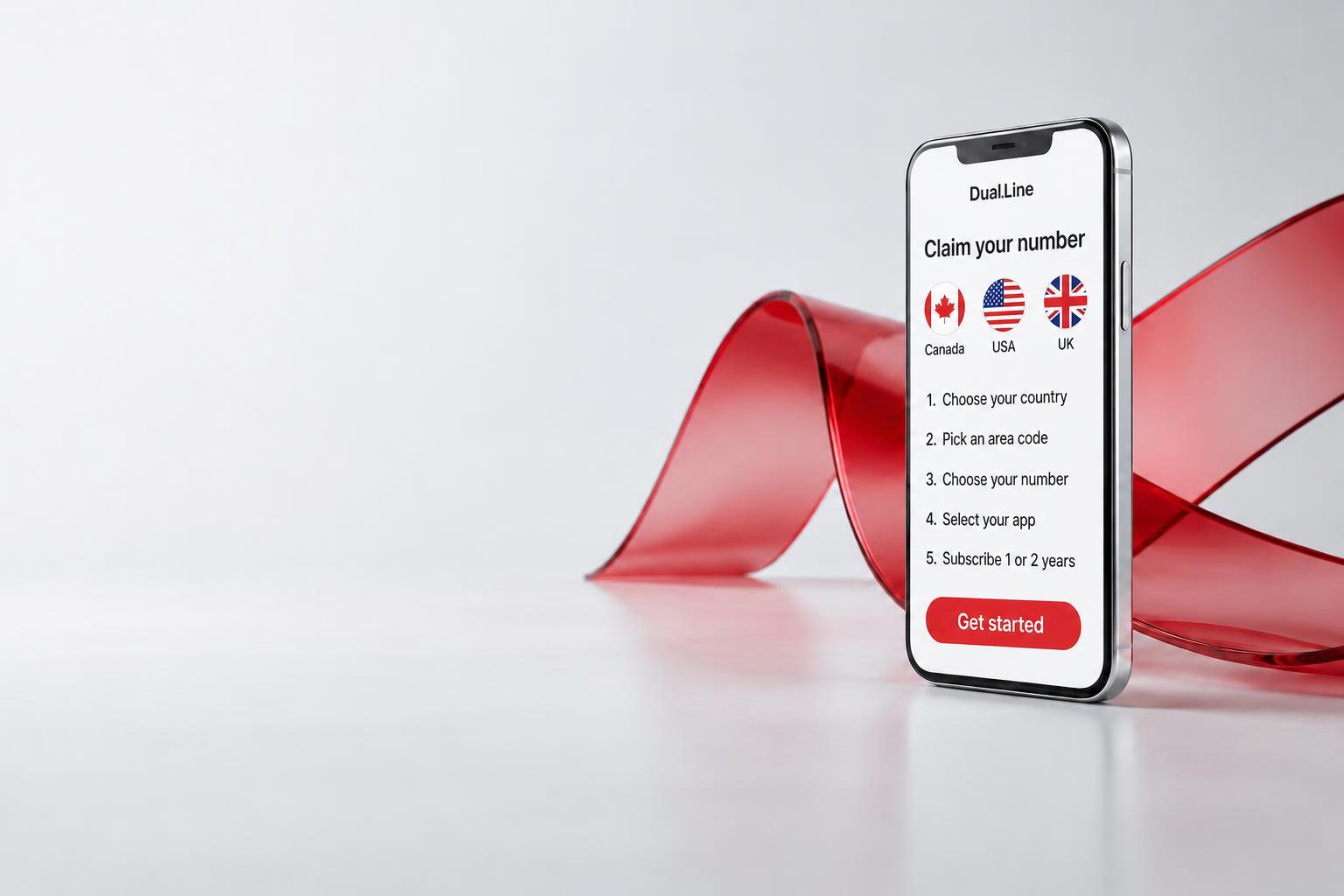 Silver smartphone with a flowing red ribbon